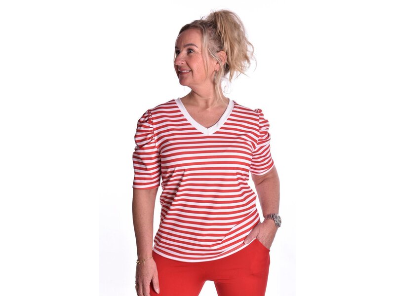 Traveltop met Streep en Gesmokte Pofmouw - Rood