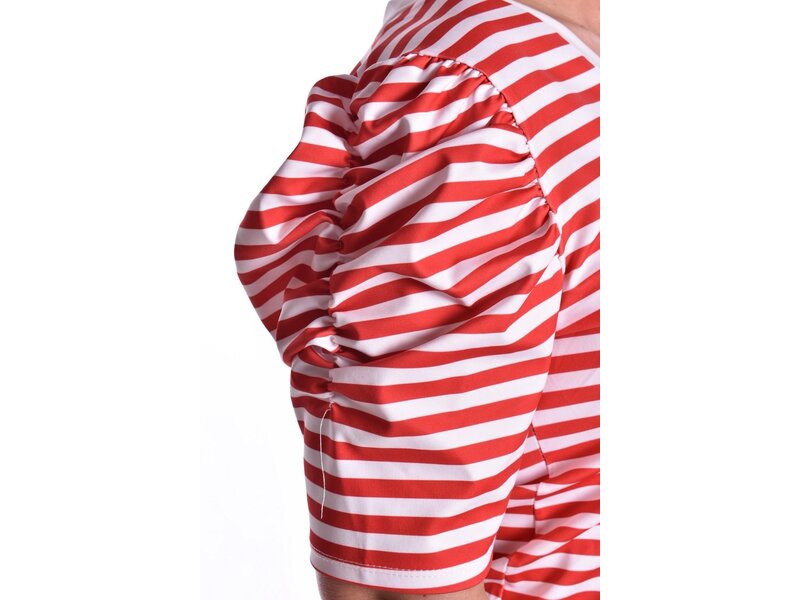 Traveltop met Streep en Gesmokte Pofmouw - Rood