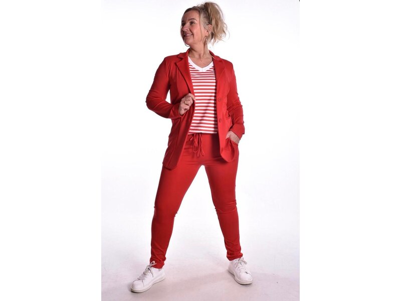 Traveltop met Streep en Gesmokte Pofmouw - Rood