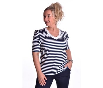 Traveltop met Streep en Gesmokte Pofmouw - Donkerblauw