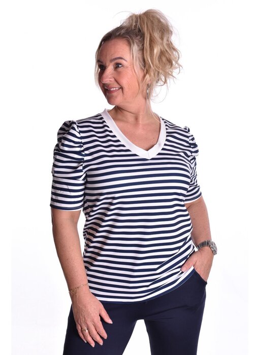 Traveltop met Streep en Gesmokte Pofmouw - Donkerblauw
