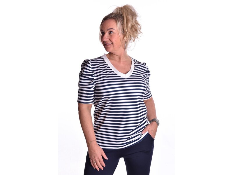 Traveltop met Streep en Gesmokte Pofmouw - Donkerblauw