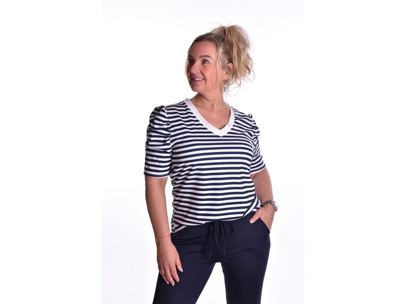 Traveltop met Streep en Gesmokte Pofmouw - Donkerblauw