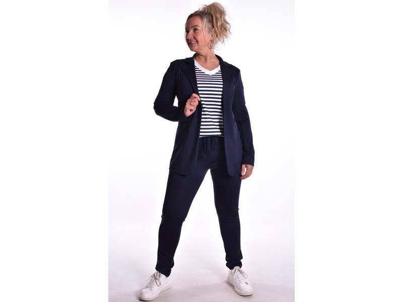 Traveltop met Streep en Gesmokte Pofmouw - Donkerblauw