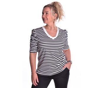 Traveltop met Streep en Gesmokte Pofmouw - Zwart
