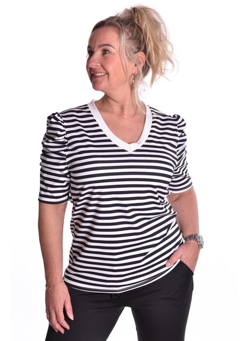 Traveltop met Streep en Gesmokte Pofmouw - Zwart
