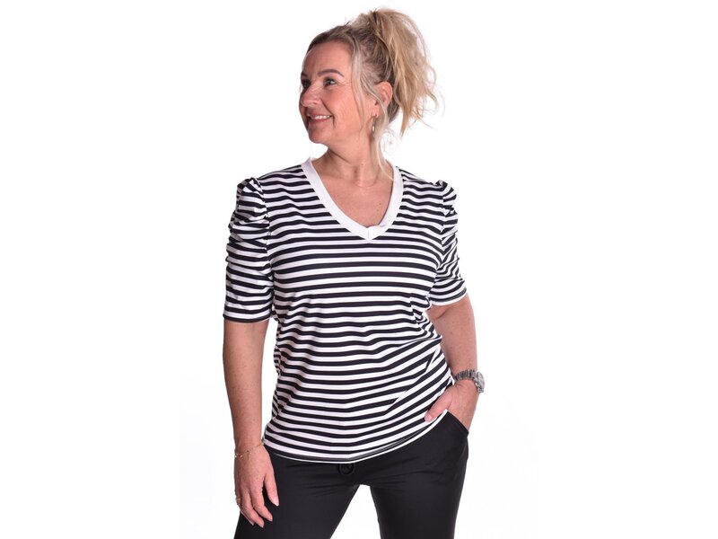 Traveltop met Streep en Gesmokte Pofmouw - Zwart