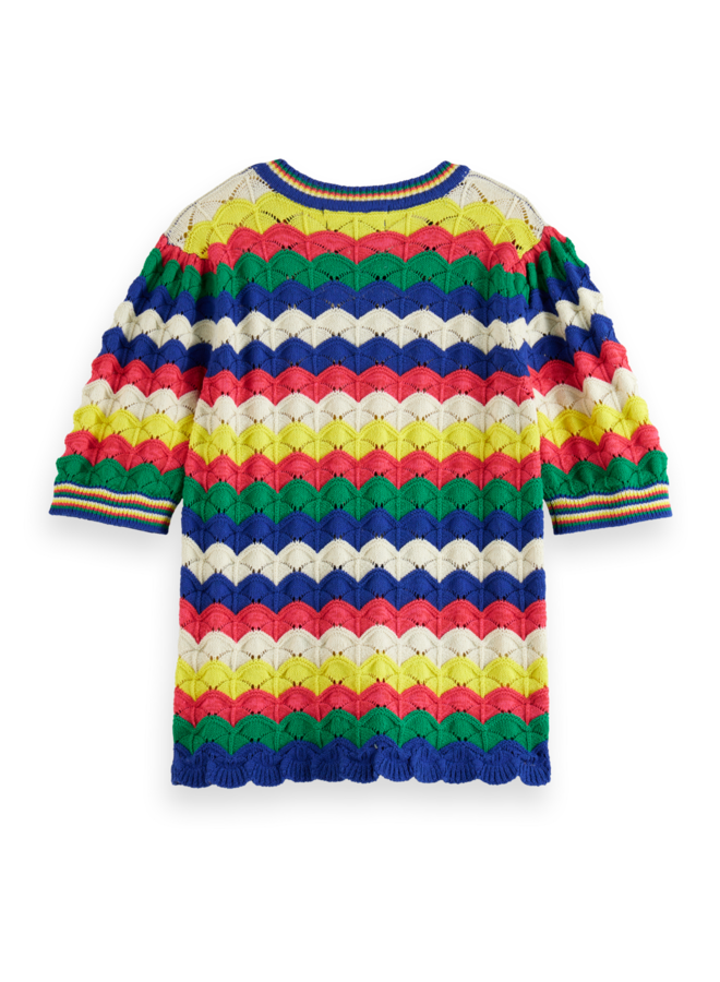 177488 410 Scotch&Soda wave stitch knitted short sleeve pullover Pink Wave stripe navy
