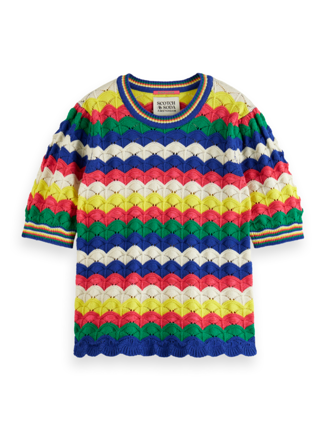 177488 410 Scotch&Soda wave stitch knitted short sleeve pullover Pink Wave stripe navy
