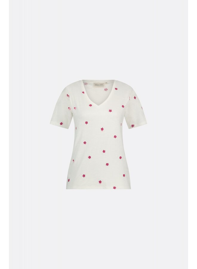 CLT-299-TSH-SS24 Fabienne Chapot Phill V-neck Pink Flower T-shirt Cream White/Pink