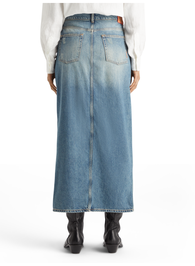 178152 410 Scotch & Soda long vintage washed denim skirt with front split navy