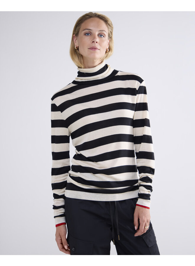3s5013-30643 985 Summum Turtle neck top Sheer Jersey Stripe Black-Ivory