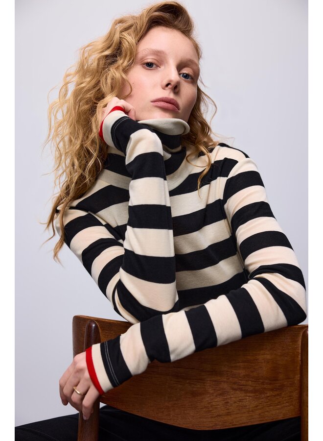 3s5013-30643 985 Summum Turtle neck top Sheer Jersey Stripe Black-Ivory