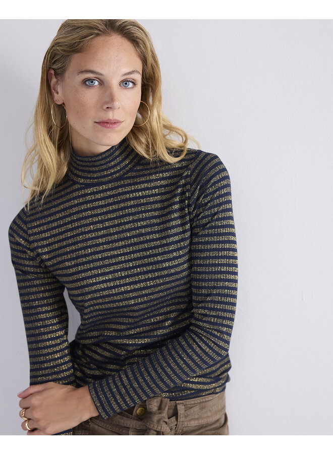 3s5041-30637 495 Summum Turtle neck Top Lurex Rib Stripe Midnightblue