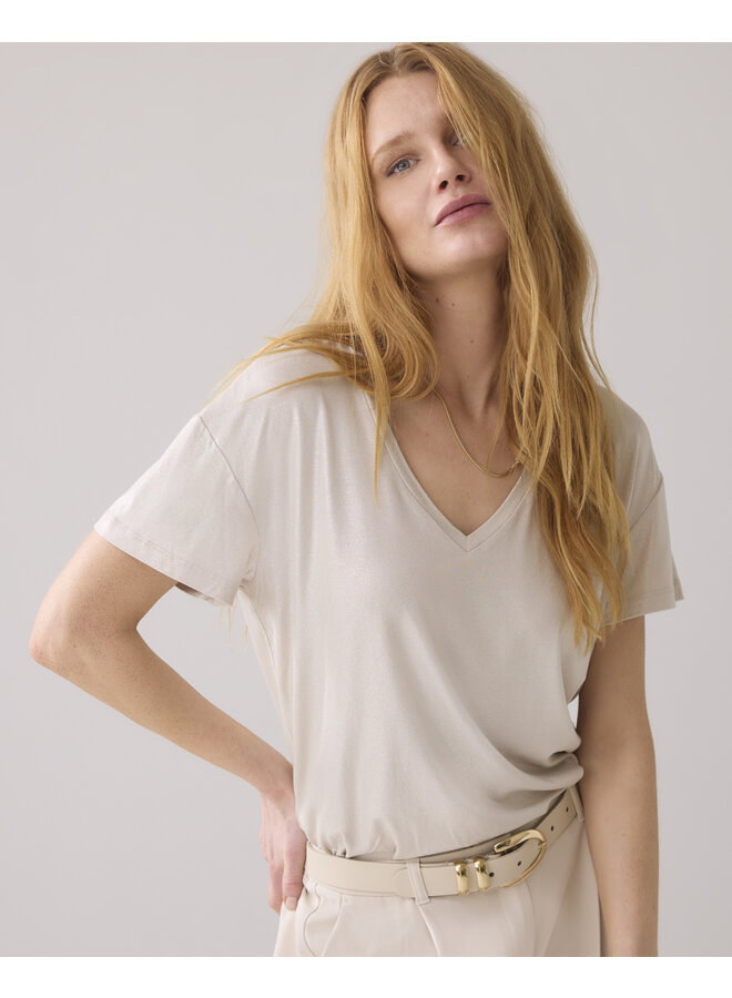 3s4887-30545 702 Summum V-neck top Metallic Coated Jersey  Pebblebeige