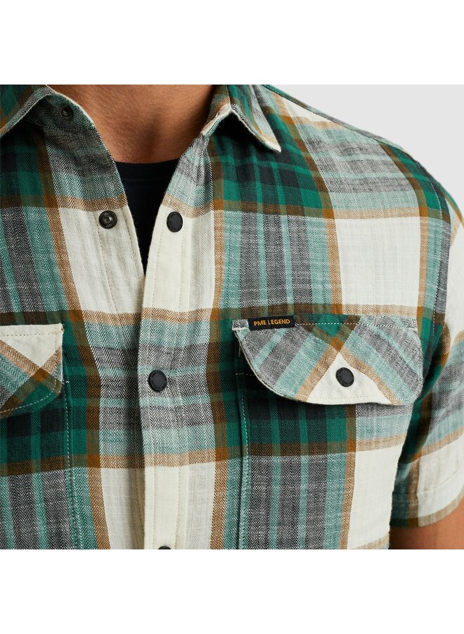 PSIS2503234 6072 PME Legend Short Sleeve Shirt Y/D Slub Herringbone Check Deep Jungle