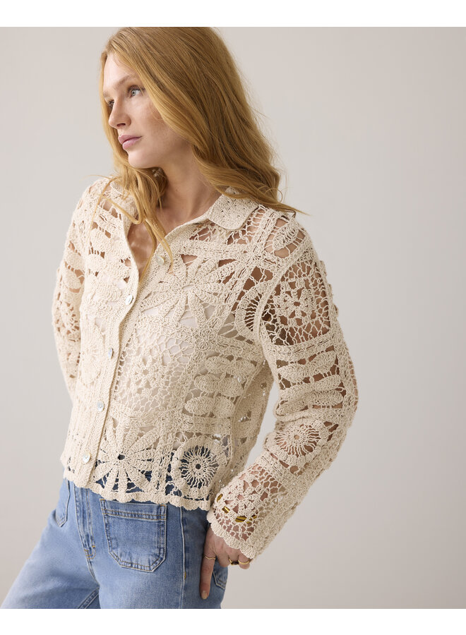 7s7920-70021 122 Summum Short cardigan flower crochet knit  Ivory