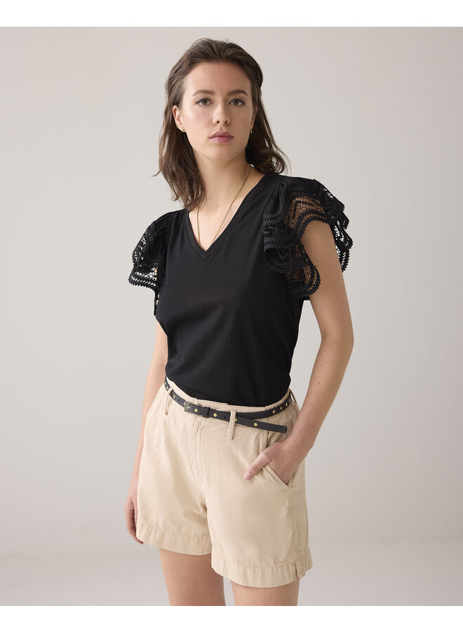 3s5025-30609 990 Summum Butterfly sleeve top with lace  Black