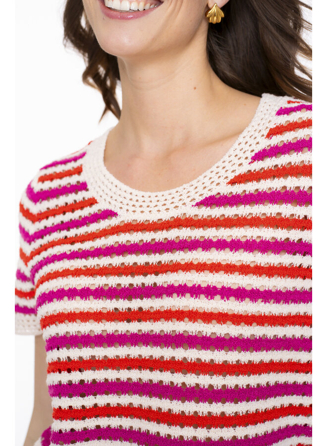 54301-10 010 Geisha Top knitted short sleeves off-white/coral/cyclame