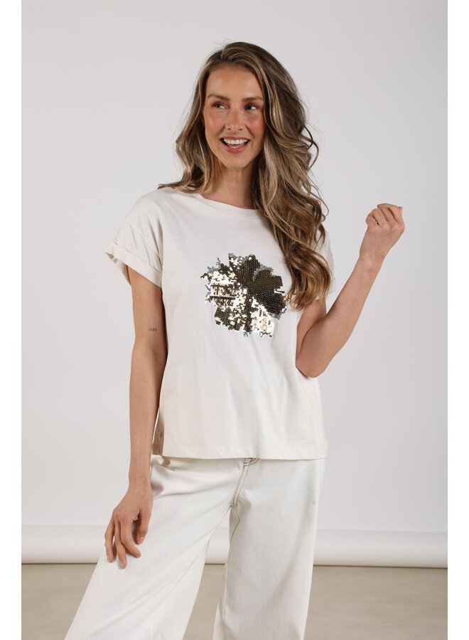 NKF04004 126 Nukus Rimona Shirt Paillet Flower Offwhite/Gold