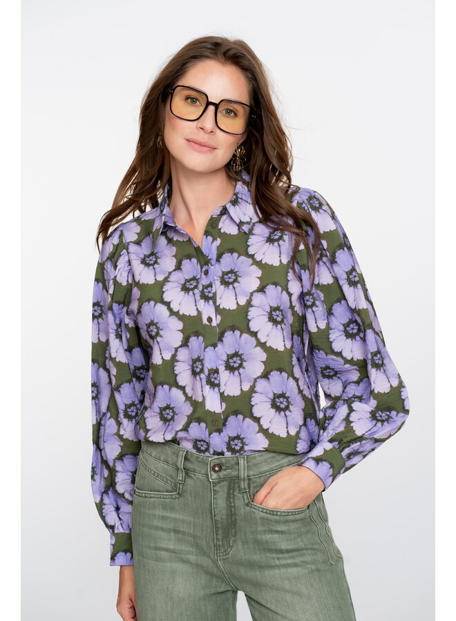 53609-20 380 Geisha Blouse print flowers purple/green