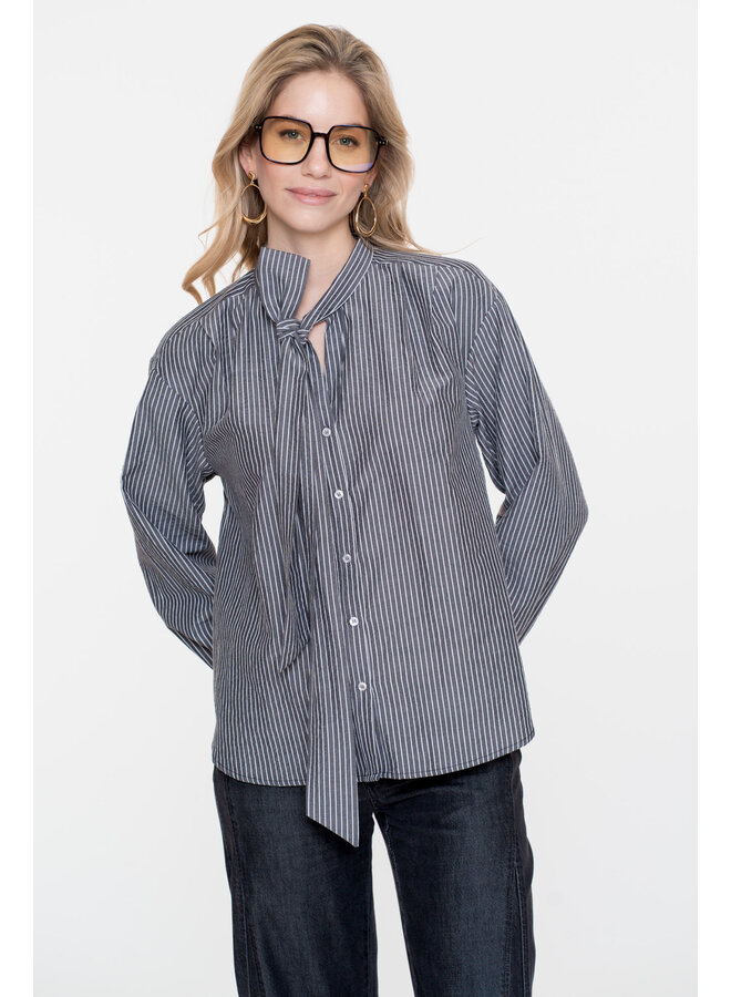 53537-14 925 Geisha Blouse stripes with bow grey/white