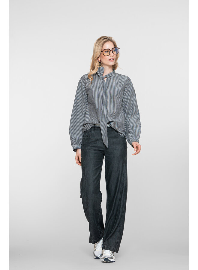 53537-14 925 Geisha Blouse stripes with bow grey/white