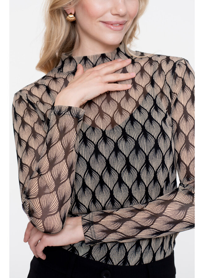 52525-14 010 Geisha Top mesh AOP off-white/black