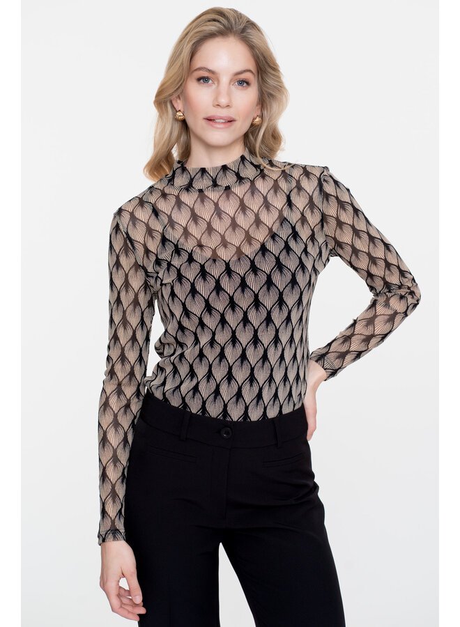 52525-14 010 Geisha Top mesh AOP off-white/black