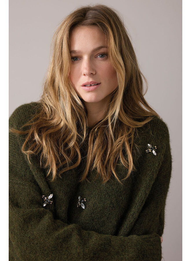 7s7944-7997 655 Summum Embellished sweater cozy melange knit Dark camo