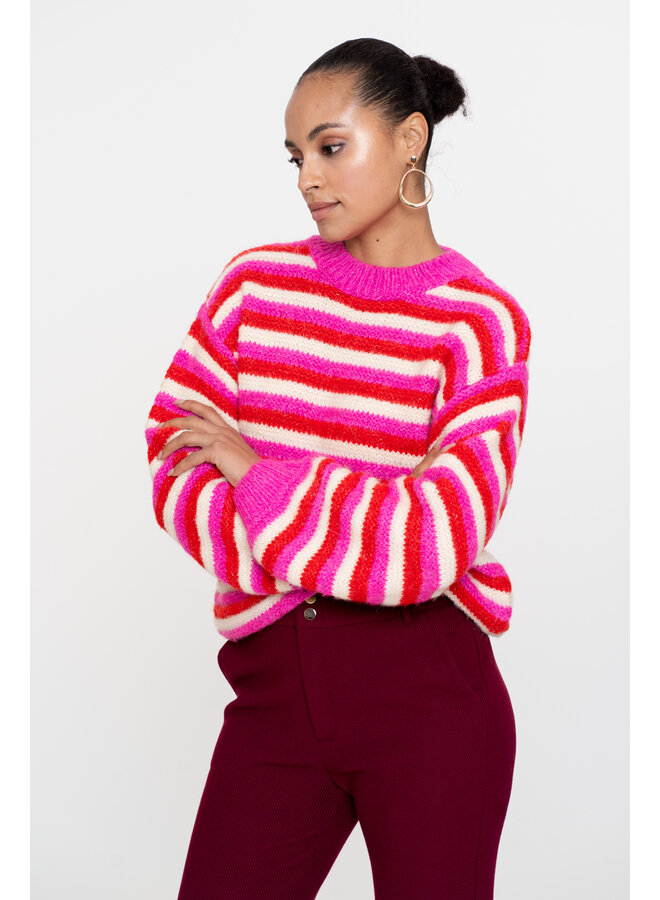54565-23 420 Geisha Pullover loose knit stripes pink/red/off-white