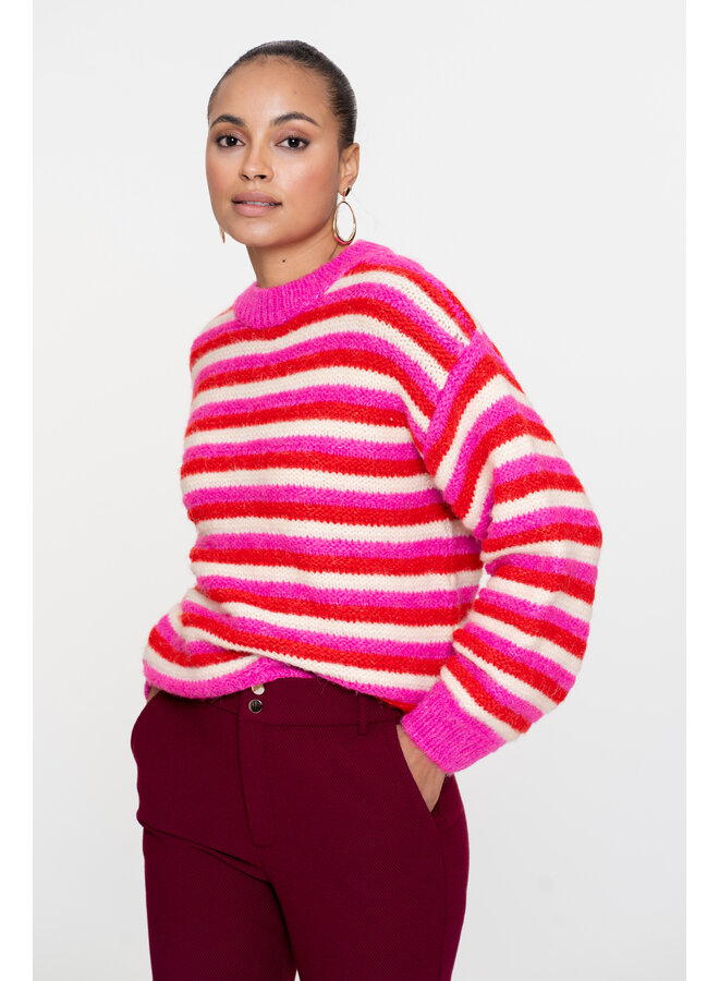54565-23 420 Geisha Pullover loose knit stripes pink/red/off-white