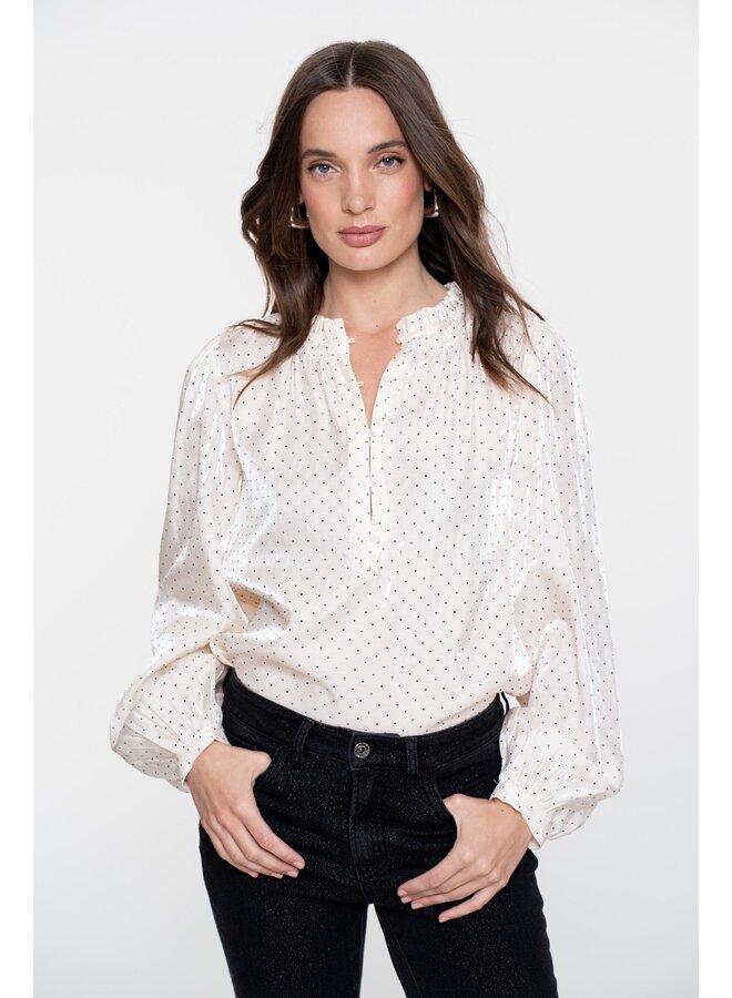 53539-14 017 Geisha Blouse shiny with dots ivory/black