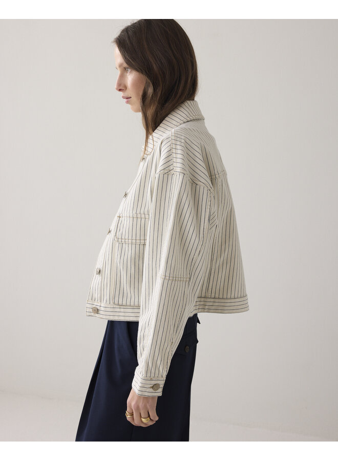 1s1289-12403 122 Summum Boxy jacket Yarn dyed stripe  Ivory