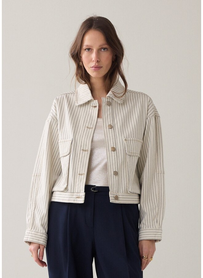 1s1289-12403 122 Summum Boxy jacket Yarn dyed stripe  Ivory