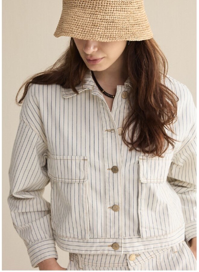 1s1289-12403 122 Summum Boxy jacket Yarn dyed stripe  Ivory