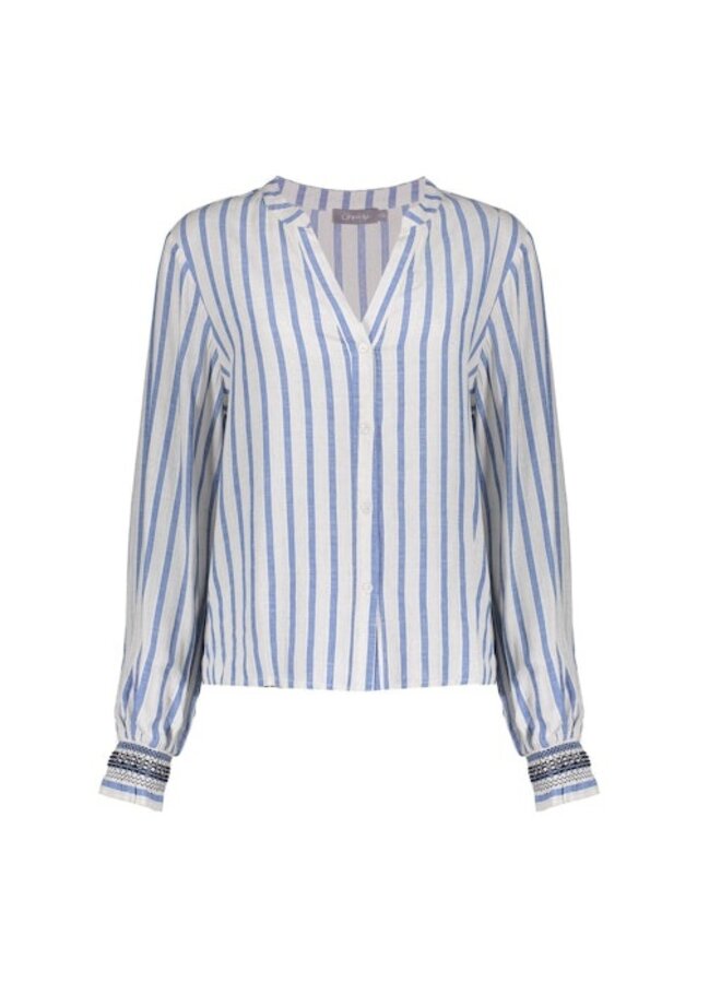 63130-99 010 Geisha Blouse striped embroiderd cuffs off-white/blue