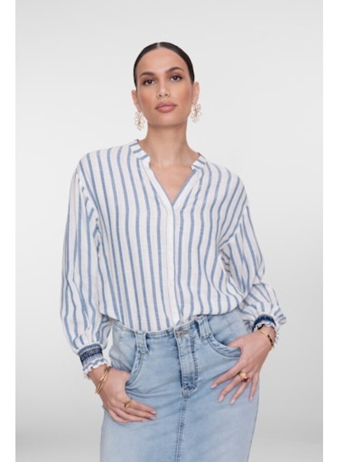 63130-99 010 Geisha Blouse striped embroiderd cuffs off-white/blue