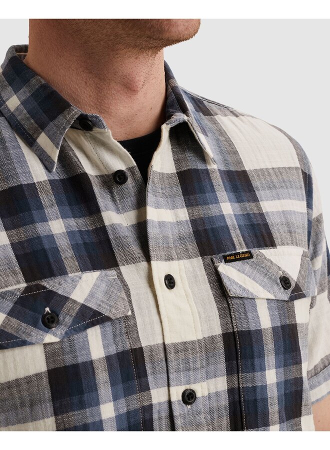 PSIS2603258 5332 PME Legend Short Sleeve Shirt Slub Herringbone Check Sargasso Sea