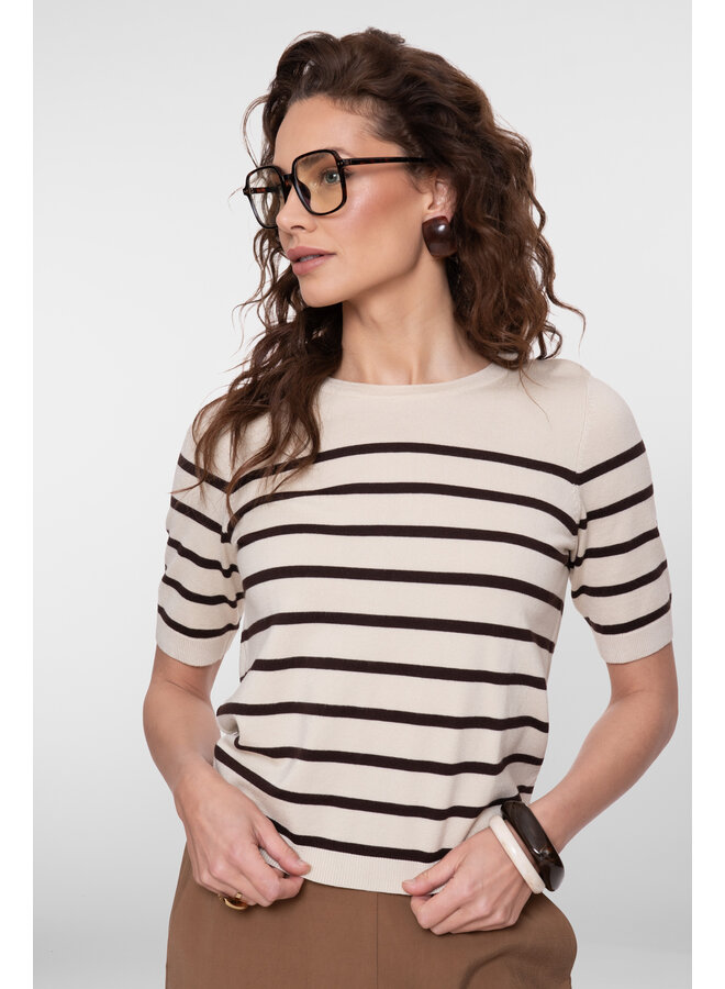 64011-10 010 Geisha Pull short sleeves stripes off-white/brown