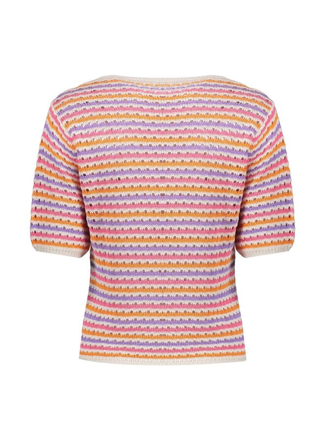 64088-70 718 Geisha Pullover multi col stripe s/sl ecru/purple/orange/cyclame
