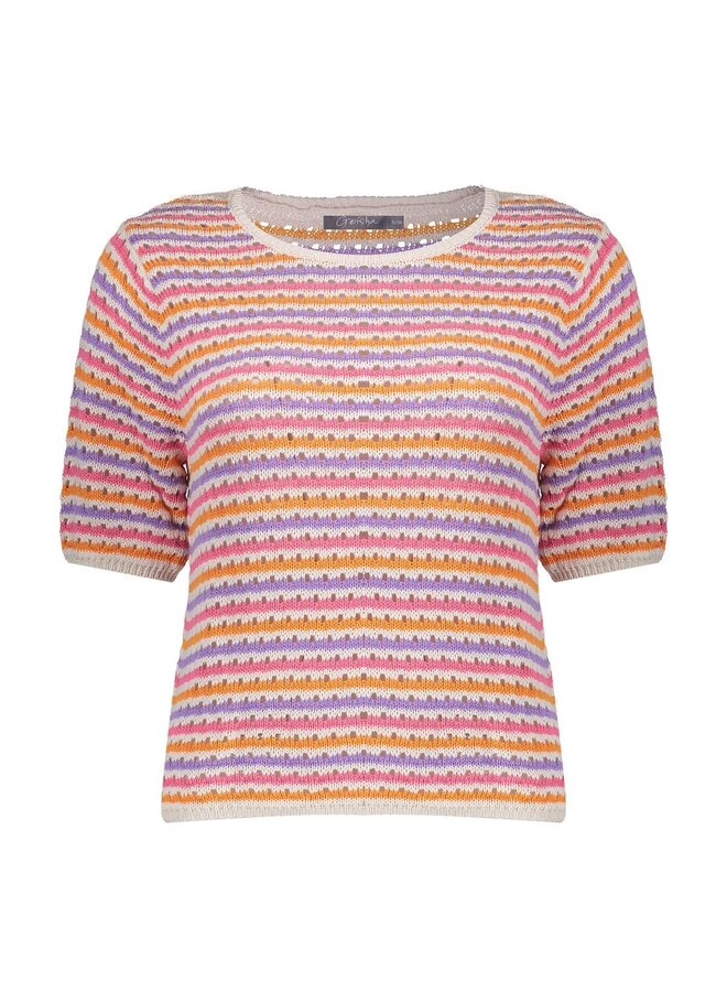 64088-70 718 Geisha Pullover multi col stripe s/sl ecru/purple/orange/cyclame