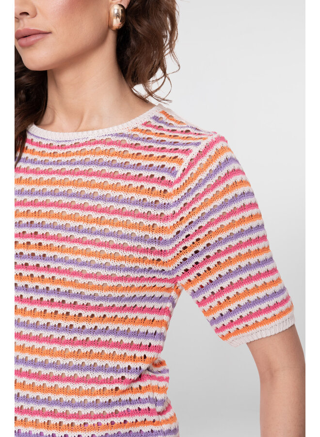 64088-70 718 Geisha Pullover multi col stripe s/sl ecru/purple/orange/cyclame