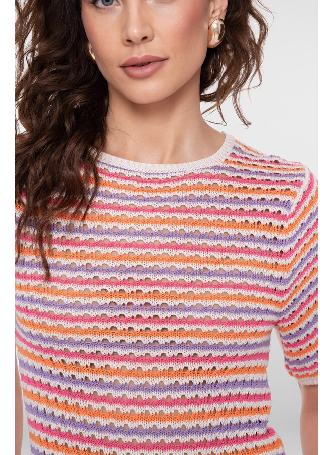 64088-70 718 Geisha Pullover multi col stripe s/sl ecru/purple/orange/cyclame