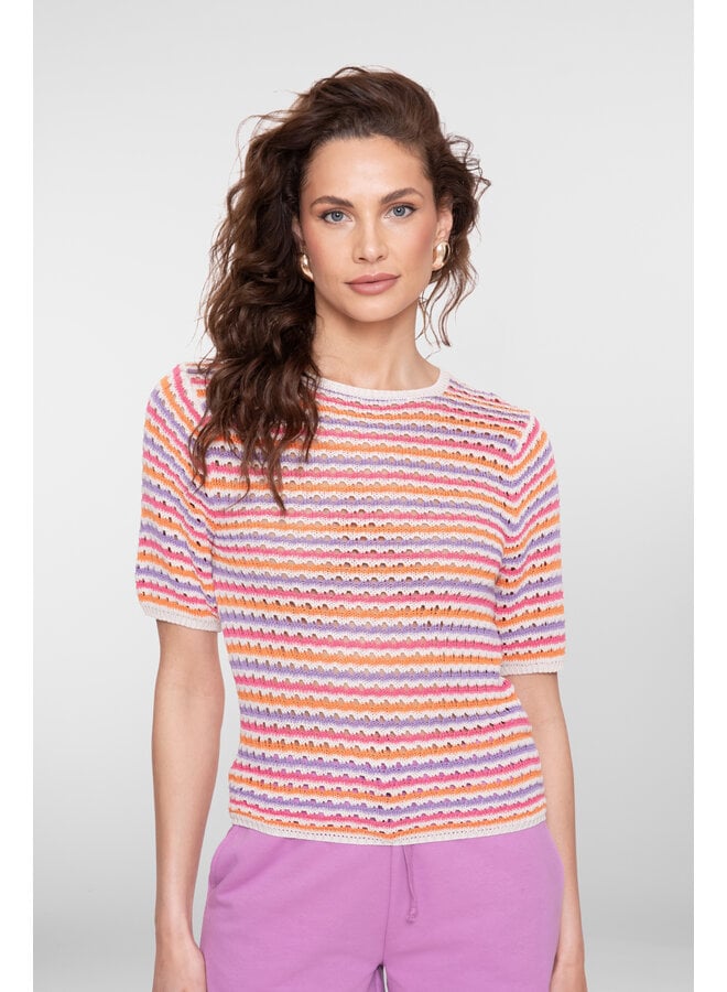 64088-70 718 Geisha Pullover multi col stripe s/sl ecru/purple/orange/cyclame