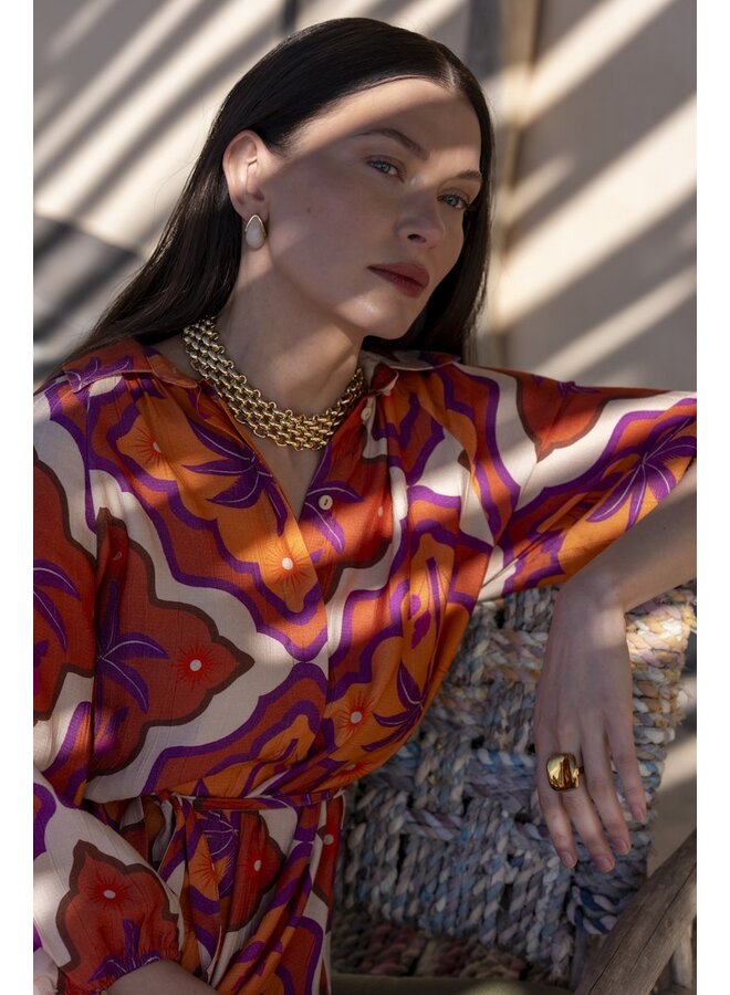 67104-20 718 Geisha dress ecru/mango/purple