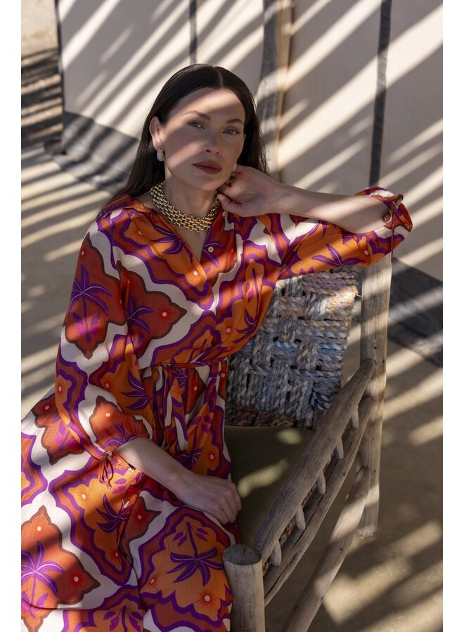 67104-20 718 Geisha dress ecru/mango/purple