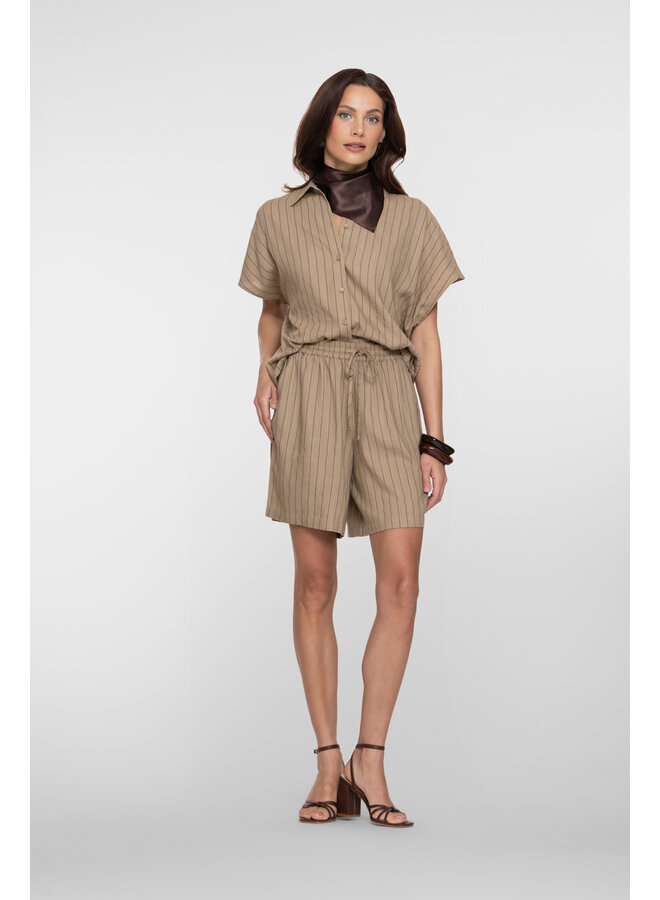 63423-14 745 Geisha Blouse linen stripes s/sl  taupe/black