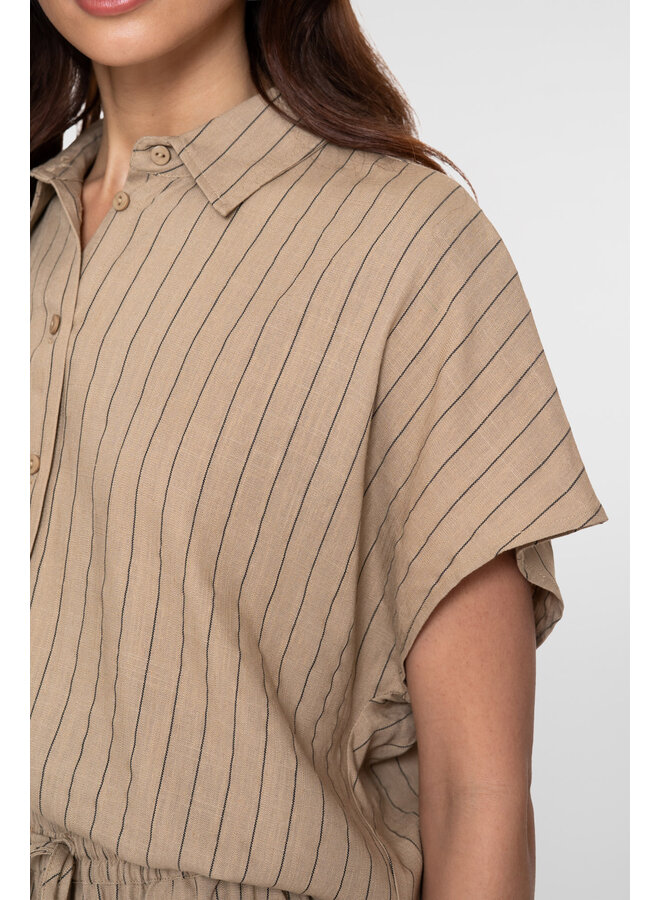 63423-14 745 Geisha Blouse linen stripes s/sl  taupe/black