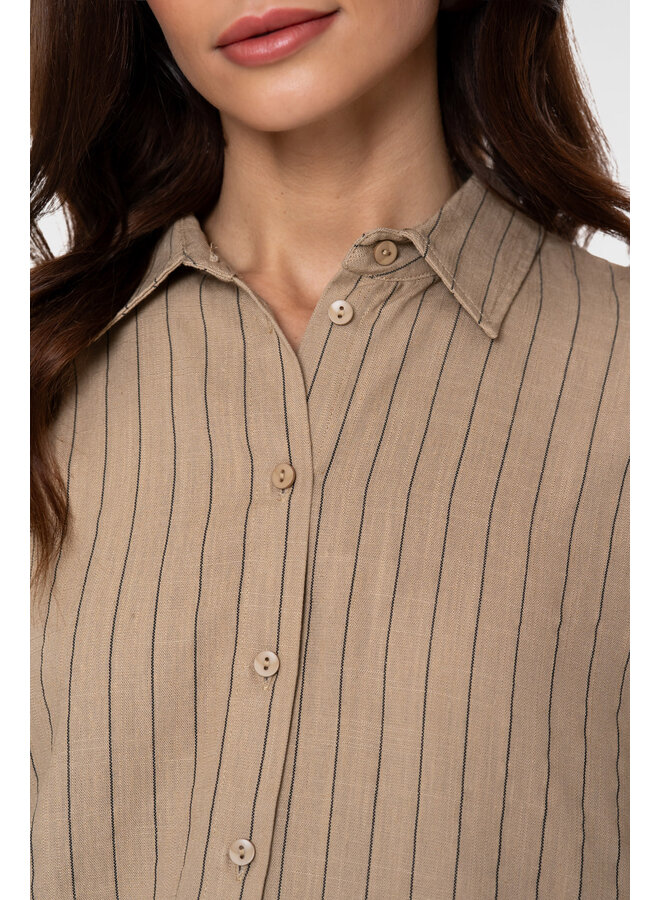 63423-14 745 Geisha Blouse linen stripes s/sl  taupe/black